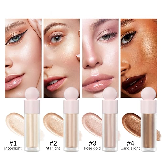 Liquid Highlighter Makeup Face Highlighters & Luminizers, Pink Highlighters Makeup for Long Lasting Shimmer Natural Glow, Body Highlighter Easy to Apply with Cushion Applicator (#3 Rose gold)