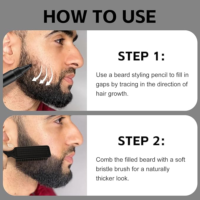 GEUUFEA Beard Pencil Filler for Men, Double Head 4 Forks Grooming Beard Pen, Fast Fill Thin Beard, Water & Sweat Resistant, Long-Lasting Black Beard Shaping Kit, Creates a Naturally Thicker Beard
