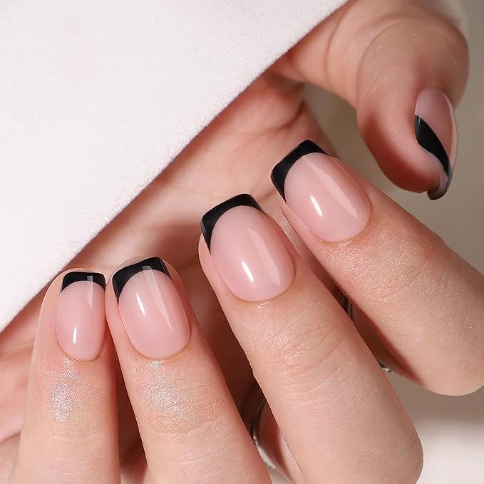 RPNZL Press On Nails - Eclipse | Black French Tip, UV Finish Short Square Nails, Reusable | 32 Nails, 16 Sizes Kit with Glue and Adhesive Tabs I Female Founded