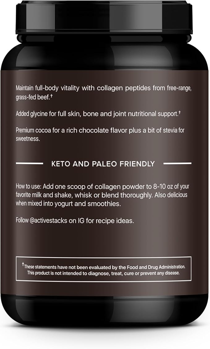 Active Stacks Collagen Peptides Protein Powder, Chocolate - Supports Healthy Hair, Skin, Bones and Joints for Men and Women - Easy-to-Mix Type 1 & 3 Hydrolyzed Collagen from Grass-Fed Beef, 2 Pound