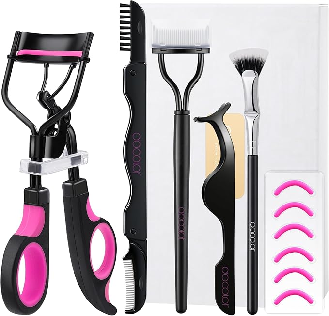 Docolor Eyelash Curler Kit, 5 in 1 Lash Curler Kit, eyelash comb fan mascara brush eyelash extension tweezers eyebrow brush and comb with 6 Extra Replacement Refill Pads Eyelash Applicator Makeup Tool