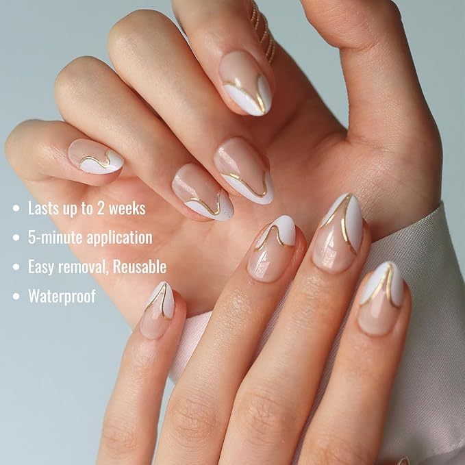 LAMIMOSA 32Pcs French Tip Press on Nails Short Almond - Soft Gel Fake Nails in 16 Sizes with 3D Gold Line, Reusable Semi-Transparent Glue on Nails kit, SWAN LAKE