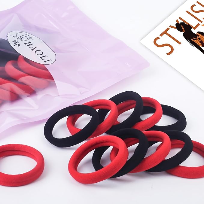 100PCS No Damage Hair Ties for Thick Hair, Elastic Hair Bands for Women’s Hair No Crease, Large Soft Ponytail Holders, 2 inch in Diameter, Black and Red, by BAOLI