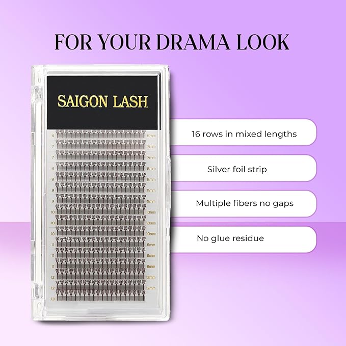 SAIGON LASH Feather Effect Promade Fans – 9D Wispy Volume Lashes, CC Curl 0.07, Mixed Length 6–13mm, Loose Handmade Extensions for Lash Artists (Dark brown-CC-0.07-6 - 13mm)