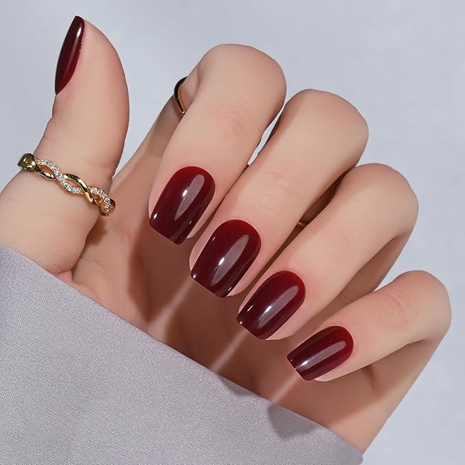 Press On Nails Short - Jofay Fashion Acrylic Press On Nails Red, Square Glue On Nails with Nail Glue, Fit Perfectly & Natural Stick On Nails in 16 Sizes - 32PCS Soft Gel Kit, Wine Red