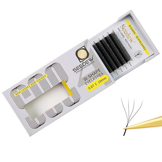 SEEDEW 4D Lash Extensions, 0.07mm C Curl 10mm 12 Rows/Tray, W Shape Flat Stem, Korean PBT Volume False Eyelashes Grafting for Beginner Artist, Lash Tech, Beauty Salon(4D-Matte Black-0.07-C-10mm)