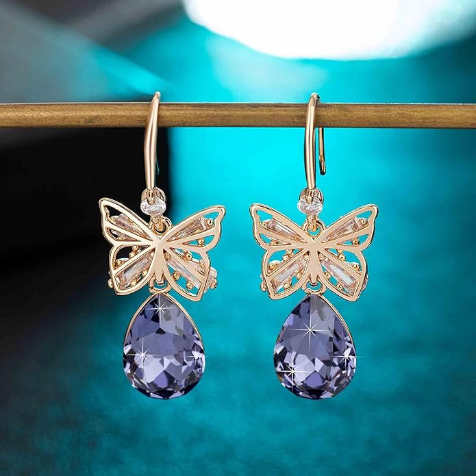 Austrian Crystal Teardrop Butterfly Drop Dangle Earrings for Women 14K Rose Gold Plated Hypoallergenic Jewelry