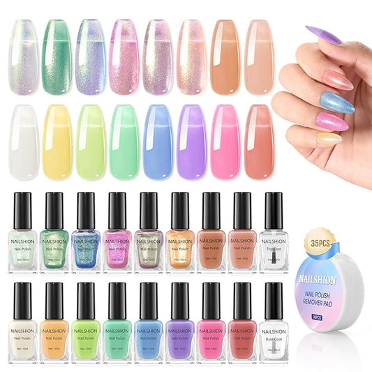 Nailshion Quick Air Dry Nail Polish, 16 Colors Holographic Nude Peach Pink Blue Green Regular Nail Polish with Clear Base Top Coat & Remover Pads, Hema-free, Non Gel, Gift for Women Girls