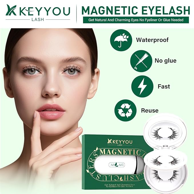 KEYYOU Reusable Magnetic Eyelashes 2 Pair with Applicator No Glue Needed 3D Natural Magnetic Lashes, Easy to Apply & Long Lasting for Daily Use & Events(A01+A05)