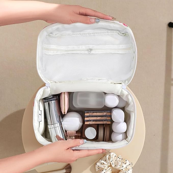 LAKSMI 3PCS Cotton Quilted Floral Makeup Bag Set for Women, Cute Make Up Bags with Brush Pockets, Large Wide-Open Toiletry Pouch Gifts for Toiletries Accessories Travelling Essentials
