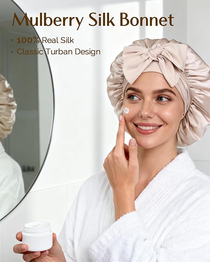 YANIBEST 22 Momme 100% Mulberry Silk Bonnet for Sleeping Women Double Layer Sleep Bonnet with Tie Band, Sleep Cap