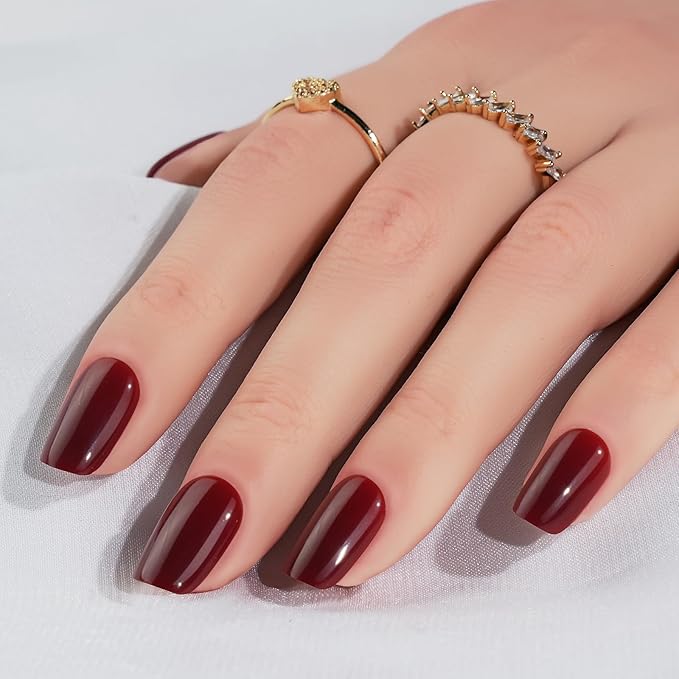 Press On Nails Short - Jofay Fashion Acrylic Press On Nails Red, Square Glue On Nails with Nail Glue, Fit Perfectly & Natural Stick On Nails in 16 Sizes - 32PCS Soft Gel Kit, Wine Red