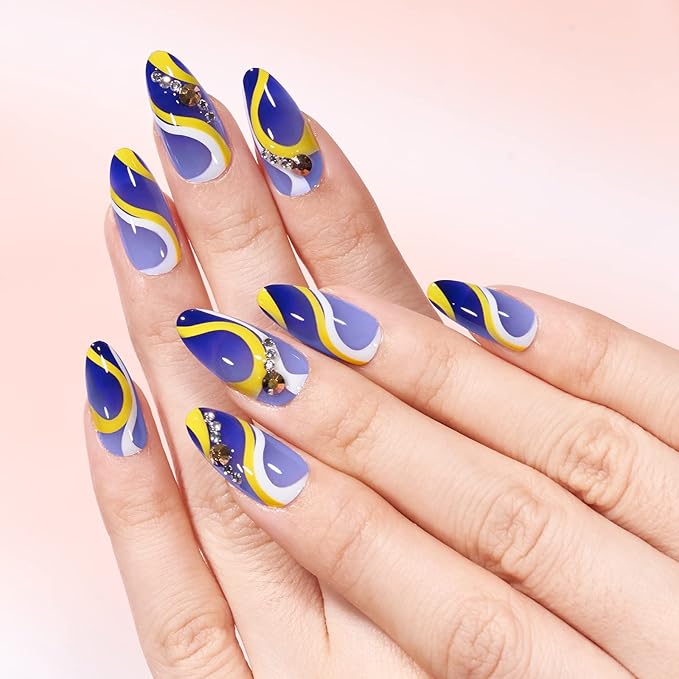 BTArtbox Press On Nails Almond - Blue Swirl Press On Nails with Nail Glue for Woman, Medium Soft Gel Glue On Nails in 15 Sizes - 30Pcs Stick On Nails Kit, Wave Blue