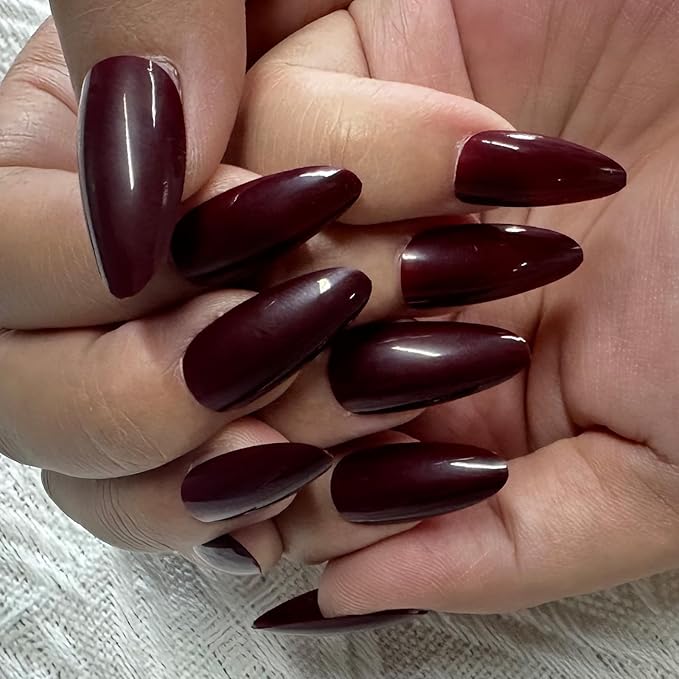 JONKASIPA Medium Almond Shape, Press On Nails, Burgundy Red Fake Nails Short Oval, Reusable Acrylic Patch Fake Nail Set Designed for Women