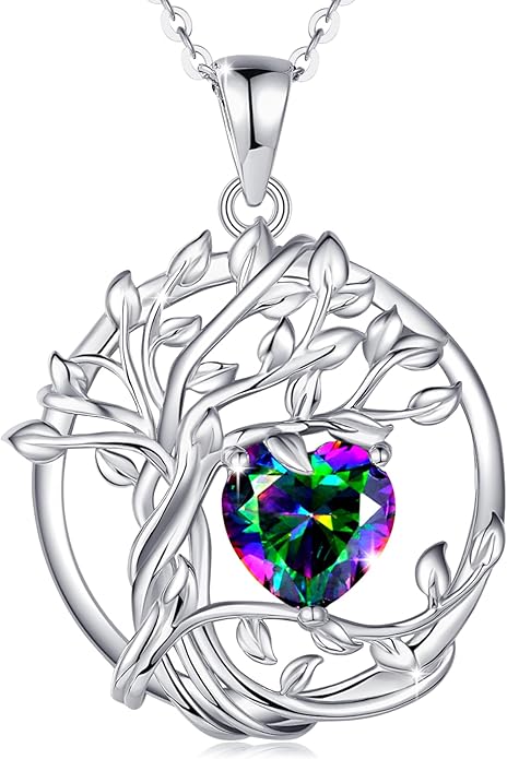 FANCIME Tree of life Birthstone necklace Sterling Silver Pendant Birthstone Necklace Gemstone Anniversary Birthday Jewelry Christmas Gifts for Mom Her Wife