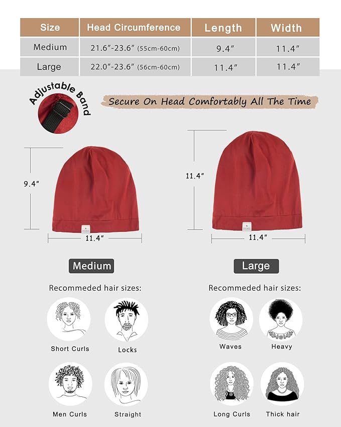 YANIBEST Silk Satin Bonnet Hair Wrap for Sleeping, Adjustable Slouchy Beanie for Women, Silk Lined for Curly Hair and Braids, Wine Red