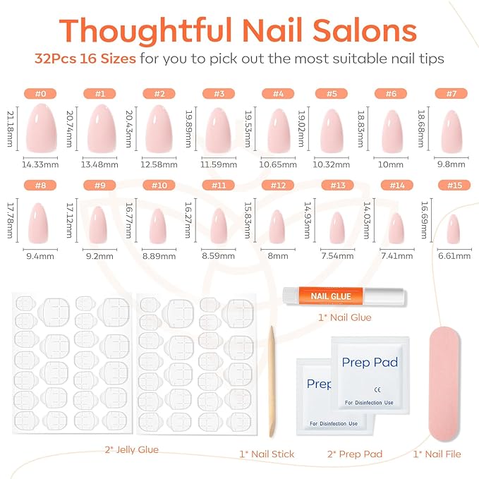 Modelones Pink Press on Nails Almond, Valentines Short Fake Nails, Reusable Nail Kit with Nail Glue Adhesive Tabs Mini Nail File, Nails Press Ons 32Pcs 16 Sizes, Women Girl Gift