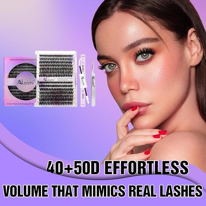 AILAISHI Lash Clusters Kit, DIY Cluster Eyelash Extensions 9‑16mm, 40D+50D, 280pcs Fluffy D Curl Natural Lashes with Bond & Seal,Tweezers–Fake Cat Eye Wispy Individual Clusters