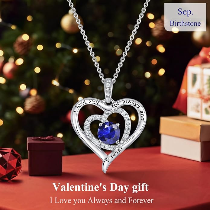 S925 Sterling Silver Necklace for Women, Valentines Day Gifts for Her, Love Heart Birthstone Necklaces for Women, Wife Jewelry, Mom Birthday Valentines Mothers Day Gifts, Girlfriend Necklaces, Daughter Heart Jewel, Anniversary for Her