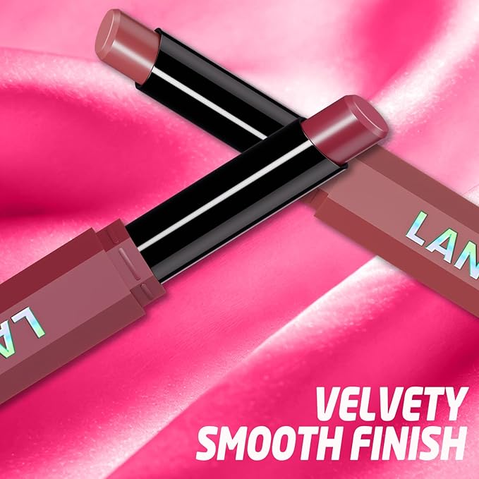 Jolilab 2Pcs Velvet Matte Lipstick Nude Matte Soft Dark Color Stick High Pigmented Long-Lasting Waterproof Lip Stick Lip Balm Beauty Cosmetics Gift for Women(#01+02)