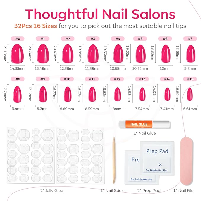 Modelones Hot Pink Press on Nails Almond, Valentine's Day Short Almond Fake Nails, Reusable Nail Kit with Nail Glue Adhesive Tabs Mini Nail File, Nails Press Ons 32Pcs 16Sizes