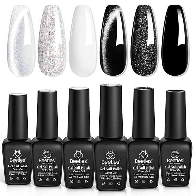 Beetles Gel Nail Polish Set - Twilight Gleam 6 Colors Cat Eye Glitter White Black Silver Shimmer Sparkle Gel Polish Kit with Magnet Soak Off Nail Art Uv Led Home Salon Gift for Women&Girls
