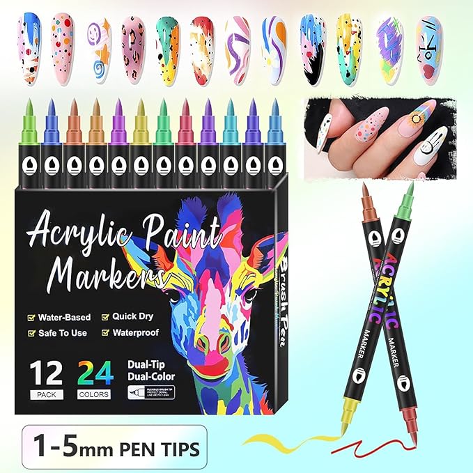 Nail Art Pens 24 Colors Nail Art Pens Set, Nail Art Markers Dual Tip Nail Polish Pens Drawing Painting Pen for Home Salon, Quickly Dry Nail Art Nail Markers DIY Decoration for Women Girls
