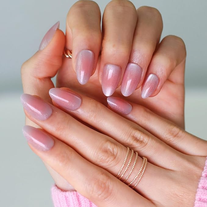 LAMIMOSA 32Pcs Cat Eye Press On Nails Short Almond – Soft Gel Fake Nails in 16 Sizes, Reusable Glue on Nails Kit, PEACHY BLUSH