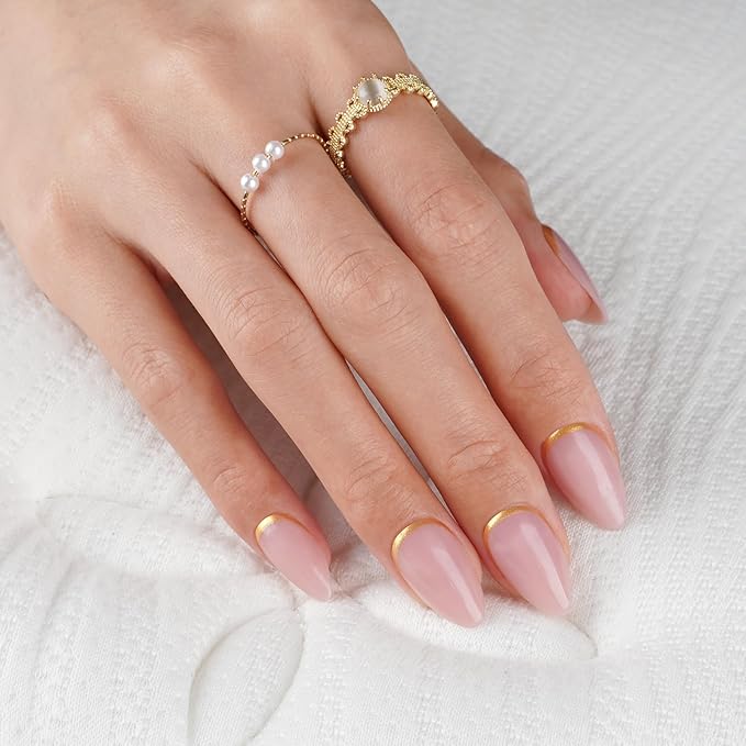 Canvalite Press On Nails Almond, Short Press on Nails Gold French Tip Reusable Acrylic Fake Nails with Glue & Glue Remover Easy to Use 30Pcs Manicure Kit for Women