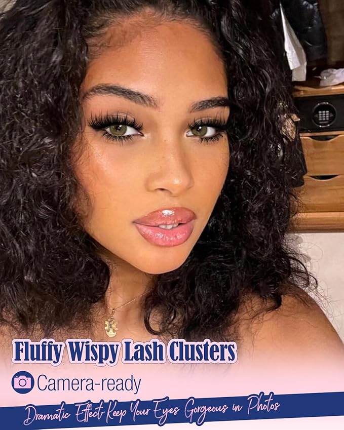 Wispy Lash Clusters Kit Spikes Volume Lash Extension Kit Spiky Eyelash Clusters with Bottom Lashes Thick Individual Lashes D Curly 6-22MM Cluster Lashes Bond and Seal Tweezers by Lvmixwig