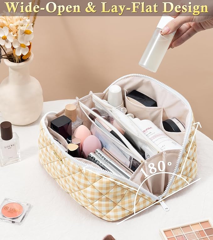 Travel Makeup Bag, 3 Pcs Large Capacity Puffy Toiletry Bag for Women, Open Flat Make up Cosmetic Organizer w/Handle & Clear Divider Water-resistant Portable Pouch Travel Essentials, M-Beige Plaid