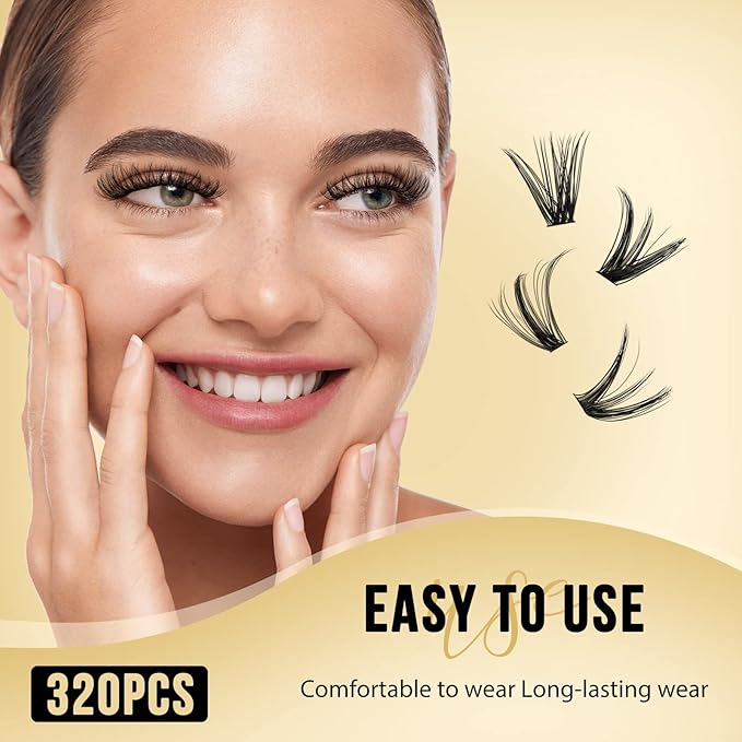 QUEWEL Lash Clusters 320Pcs Cluster Lashes 40D+50D C Curl Lash Cluster Eyelash Extensions Mix9-16mm Individual Eyelashes Clusters Wispy Lash Clusters Thin Band Soft to Use at Home(40D+50D C Mix9-16)