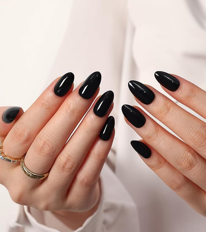 Morily Black Press on Nails Almond, 30Pcs Short Fake Nails Glossy Acrylic False Nails Reusable Full Cover Stick on Nails for Women, 15 Sizes, Thicker Fingertips