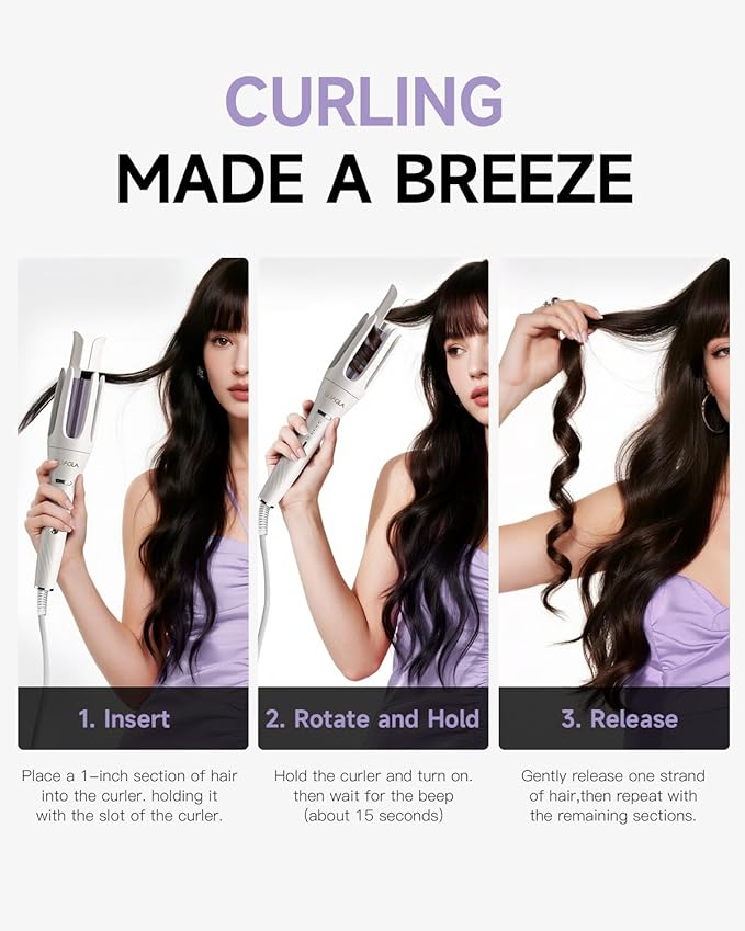 3 in 1 Automatic Curling Iron, Hair Curlers with 3 Curling Barrels (1" - 1.25" - 1.5"), Rotating Curling Iron with 3 Temp, 2-Way Rotation, 10S Fast Heating, Anti-Scald, Dual Voltage, White