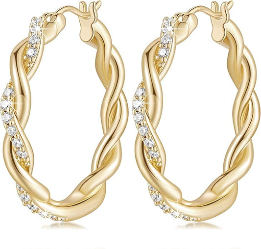 ENROSE Gold Plated Hoop Earrings 14K Gold Plated Earring for Women Twisted Large Hoop Earrings Minimalist Diamond Earring Jewelry 29mm*4mm