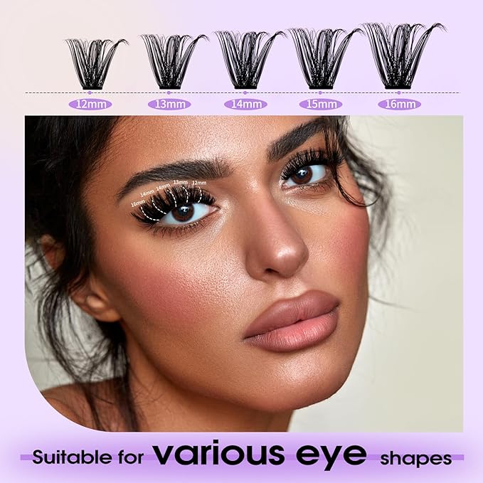 Lash Clusters Kit for Using at Home: Ultra-light, DIY, Natural, Fluffy, Wispy, Waterproof, Anime, Manga, Cat Eye, C Curl, 12-16mm, 100P+200P, Wendy, RT318