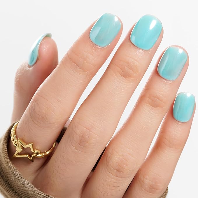 GLAMERMAID Pure Blue Chrome Extra Short Press on Nails, Glazed Handmade Light Blue Fake Nails Short Squoval, Mirror Powder Square Glue on Nails, Acrylic False Nails, Glossy Round Fake Nails for Women