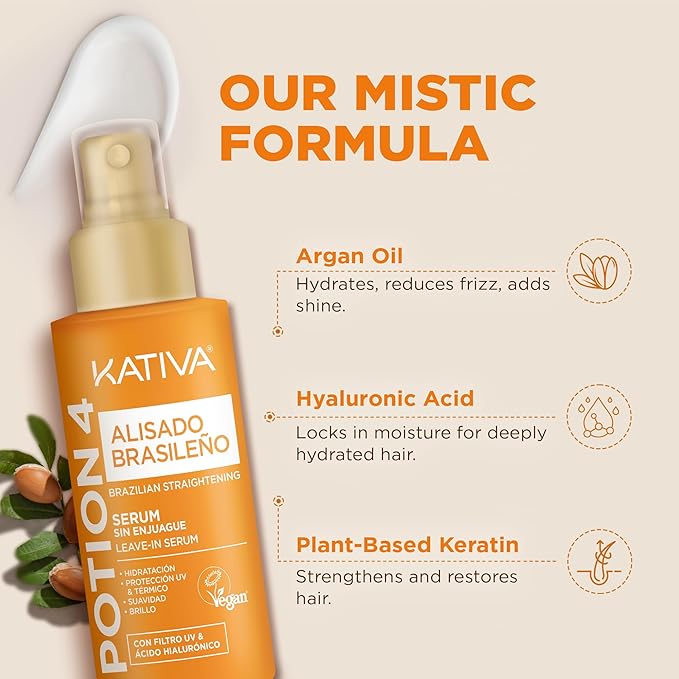 KATIVA Brazilian Keratin Straightening Kit, Shampoo Mask Conditioner + Potion 4 Heat Protectant Serum, Formaldehyde-Free Smoothing, Frizz Control, Hyaluronic Acid, Argan Oil, Vegan, Up to 12 Weeks