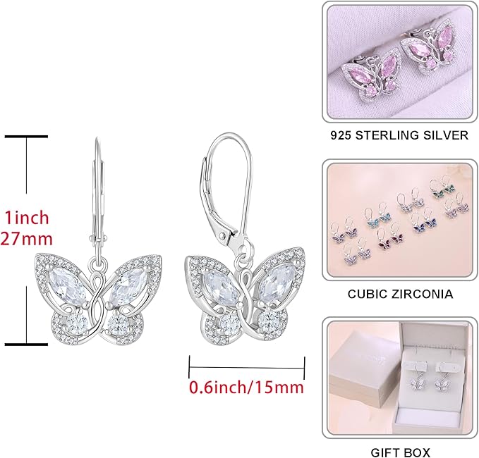 STARCHENIE Butterfly Necklace Earrings for Women 925 Sterling Silver Birthstone Cubic Zirconia Butterfly Jewelry Set Gifts