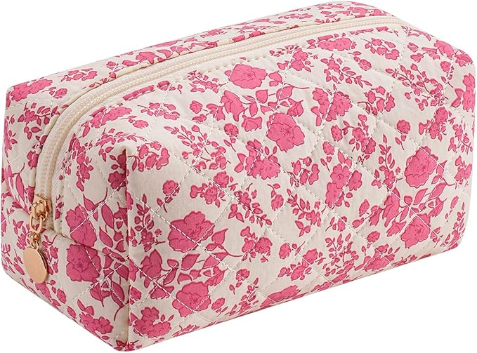 Cute Floral Makeup Bag Small Cotton Quilted Cosmetic Bag, Aesthetic Essential Bag Emergency Bag Gift for Women Girls Travel Accessories (Red Floral)