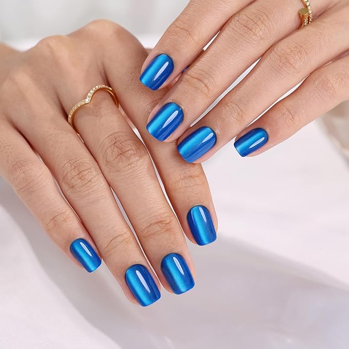 SHANGMENG Blue Cat Eye Press on Nails Square - Soft Gel Press on Nails Short for Women Gift, Fit Perfectly & Natural Stick on Nails with Glue in 16 Sizes - 32 Reusable Fake Nails, Royal Blue