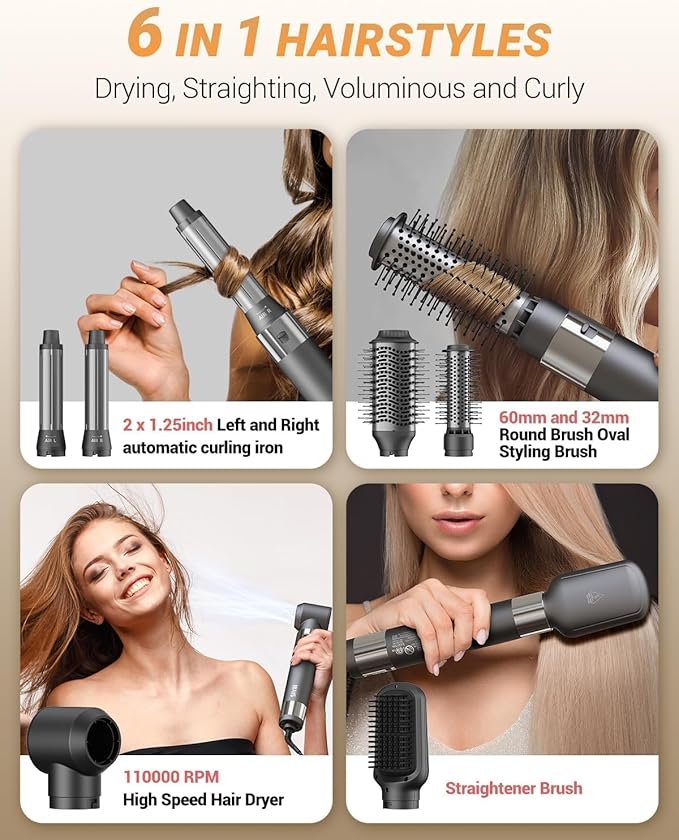 IBAYS Hair Dryer Brush 6 in 1 Hair Styler, 110,000 RPM High-Speed Negative Ionic Hair Dryer, Auto Curl Frizz-Free Blow Dryer Brush for Curling Volumizing Straightening Styling