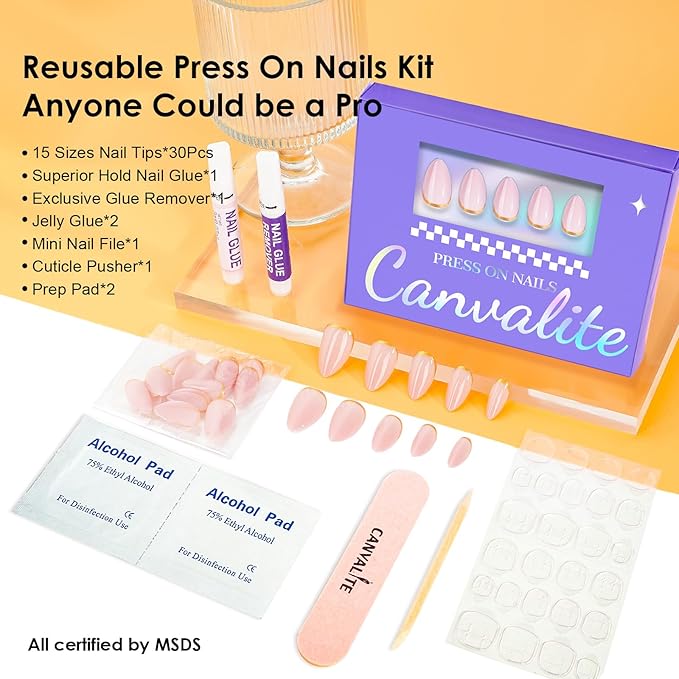 Canvalite Press On Nails Almond, Short Press on Nails Gold French Tip Reusable Acrylic Fake Nails with Glue & Glue Remover Easy to Use 30Pcs Manicure Kit for Women