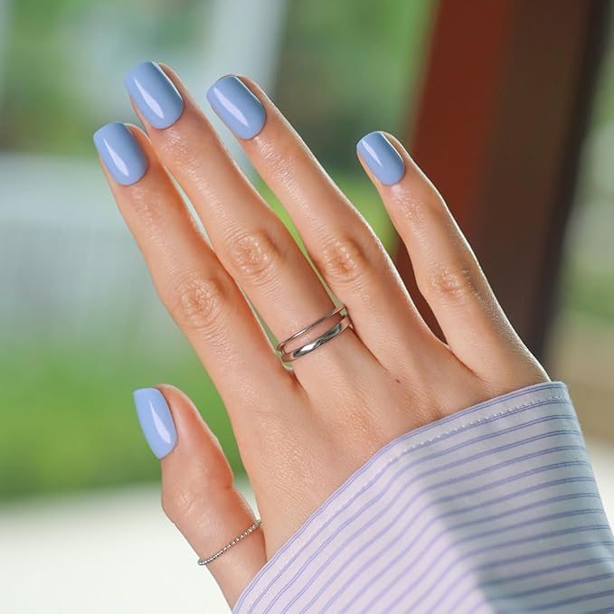 LAMIMOSA 32Pcs Press On Nails Short Square - Dusty Blue Nail Kit, Soft Gel Fake Nails in 16 Sizes, Reusable Glue on Nails, CELESTE