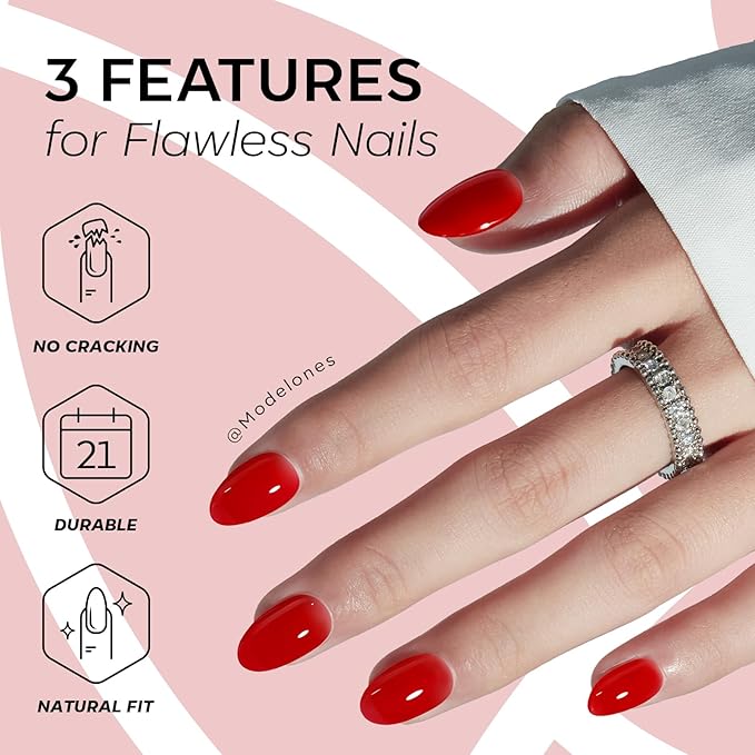 modelones Sheer Red Short Press on Nails, Semi-Transparent Oval Fake Nails Kit Press Ons with Nail Glue, Adhesive Tabs, Nail File, Prep Pad, Manicure Stick, 32Pcs 16 Sizes, Valentines