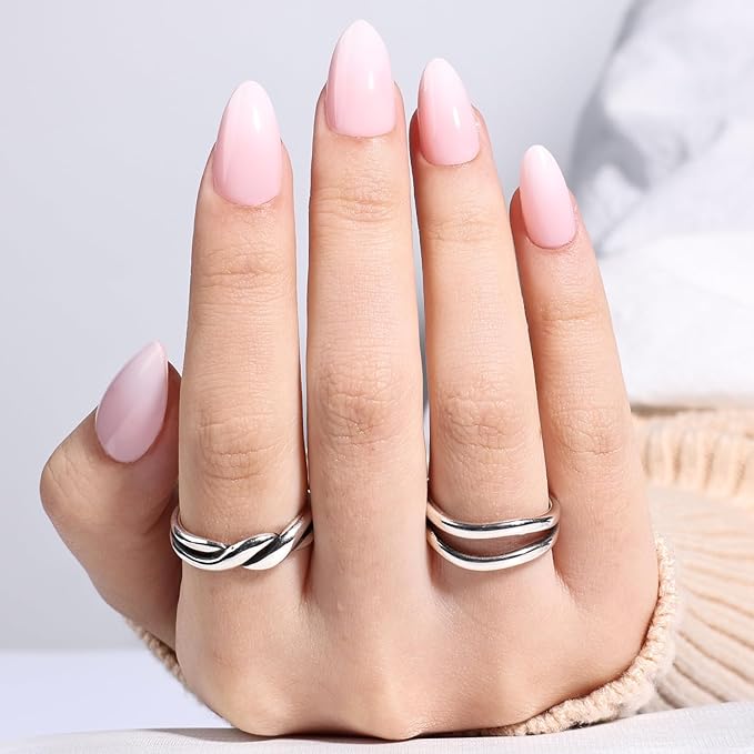 Leefrei Light Pink Press On Nails - Glossy Finish Pink Fade Press On Nails Short Almond Nails Press Ons for Women Fake Nails with Glue, Reusable Glue on Nail in 16 Sizes - 32pcs, Soft Blush