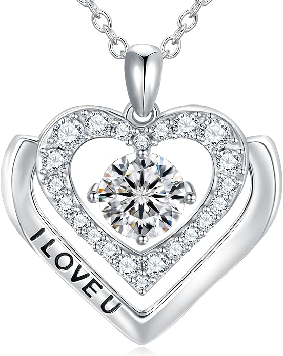 Moissanite Heart Necklaces for Women, Engraved 'I LOVE YOU' Gift for Women Girlfriend, Diamond Necklace for Women, 1-3 Carat Moissanite Necklace, Anniversary Valentines Birthday Gifts Present for Wife Women, Mom