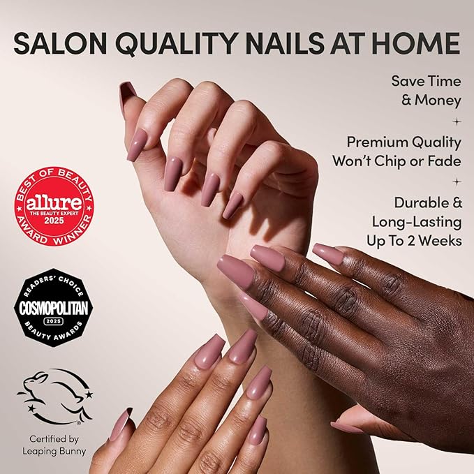 Glamnetic Press On Nails - Mauve Affair | Medium Coffin Muted Purple Fake Nails, Salon Quality Nails | 15 Sizes - 30 Nail Kit with Glue