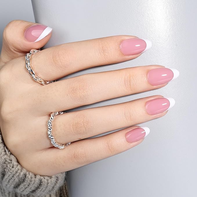 Leefrei French Tip Press on Nails - Pink Short Almond Press on Nails, Glossy Fake Nails Reusable Nails Press ons for Women, 32 Pieces in 16 Sizes False Nails Kit with Glue, Petal Milk