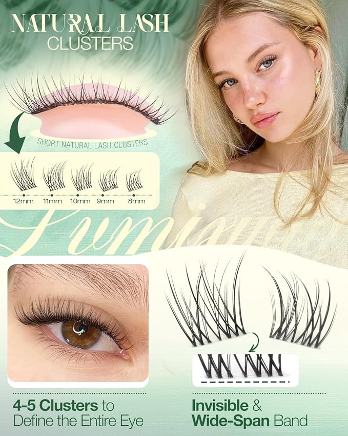 Short Lash Clusters Kit 8-12MM Natural Lash Extension kit Invisible Band Eyelash Clusters Wispy Cluster Eyelash Extensions C Curly DIY Cluster Lashes Bond and Seal Tweezers by Lvmixwig